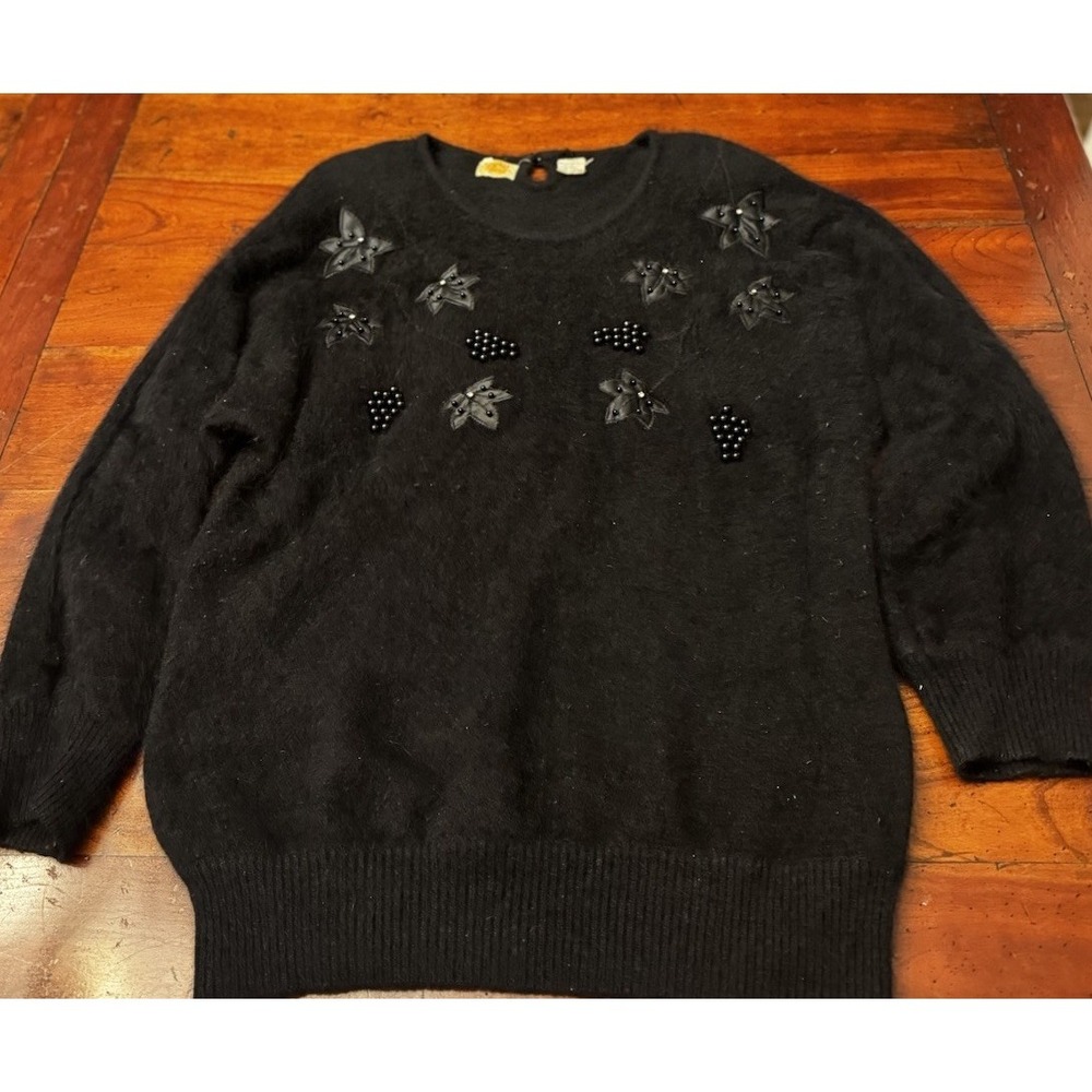 Vintage Trapeze Junior Black Beaded Angora Wool Fuzzy Sweater Glam Soft Large